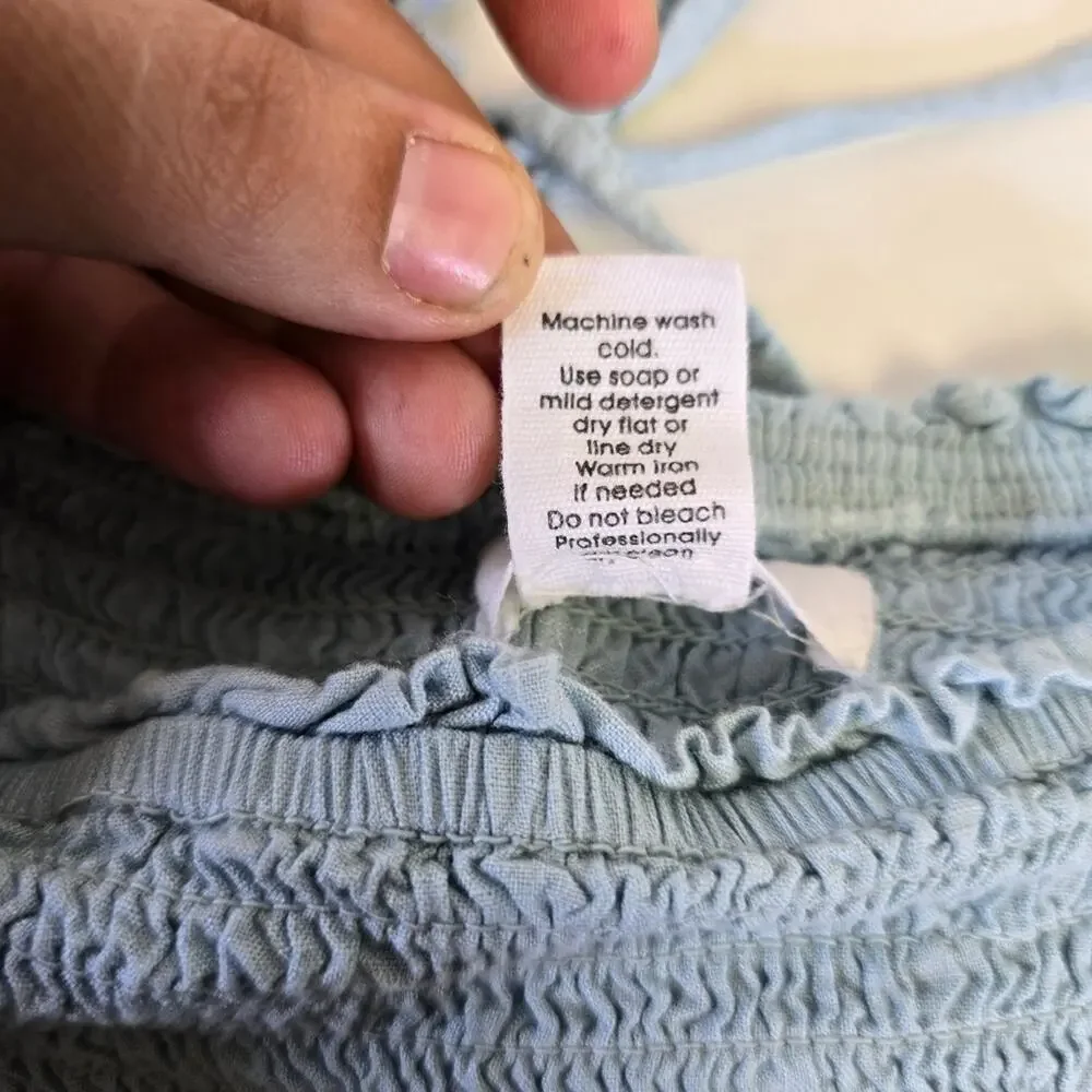 Japna Light Blue Lace Accents Balloon Sleeve Peplum Blouse size Medium - Picture 6 of 7